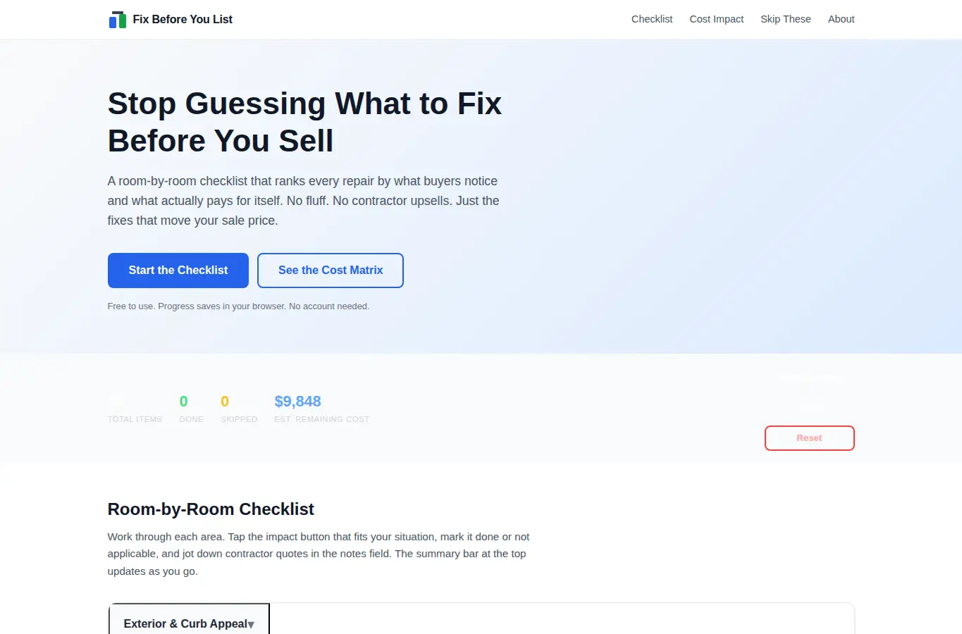 Screenshot of What to Fix Before You List interface showing the project page in use
